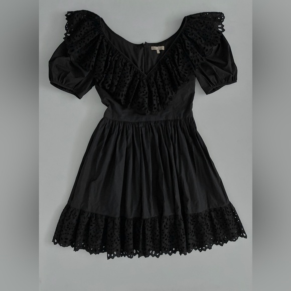 $2K Michael Kors Collection COTTON POPLIN PUFF-SLEEVE EYELET DRESS IN BLACK 6 - Picture 2 of 12